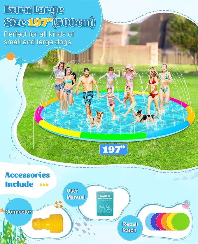 197" Extra Large Splash Pad - Non-Slip Splash Pad for Kids and Dogs Thickened Dog Pool with Sprinkler Outdoor Water Toys Giant Fountain Play Mat for Toddlers Children Adults Pets