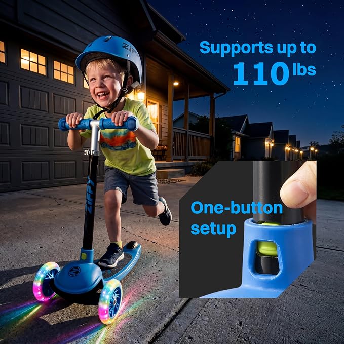 JOVA ZIFFY Multicolor 3 Wheel Scooter for Kids 3-5, Toddler Kick Scooters with LED Light-Up Wheels for Boys and Girls, 5 Adjustable Height and Lean-to-Steer Design, Support up to 110 lbs