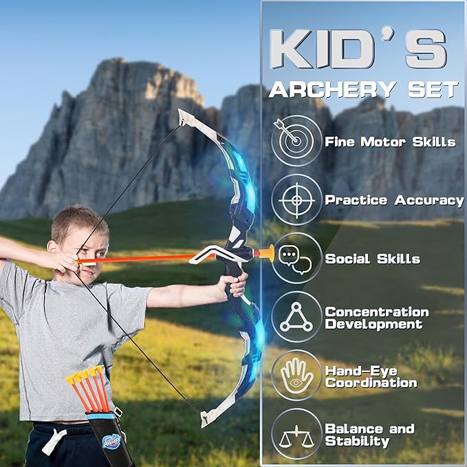Bow and Arrow Set for Kids, 2 Pack LED Light Up Archery Set with 20 Suction Cup Arrows, Indoor and Outdoor Toy for Boys Girls Age 4-8 8-12 with Standing Target&2 Quivers, Birthday Gift 3-12 Years Old