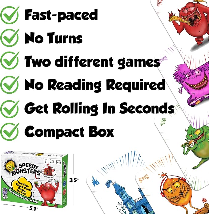 Speedy Monsters - Card Games for Kids Ages 4-8, Fast-Paced and Easy to Learn. Fun, Colorful Monster Match Game. No Reading Required. No Turns, Everyone Plays at Once. for 2-6 Players