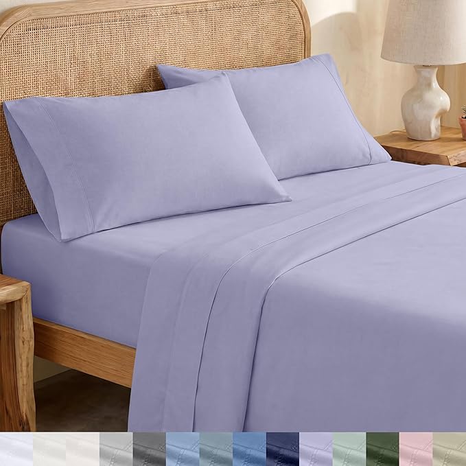 California Design Den Queen Size Bed Sheets - Soft 100% Percale Cotton Sheets with Deep Pockets, Crisp Percale, Breathable and Durable Bedding Set - Lavender Mist