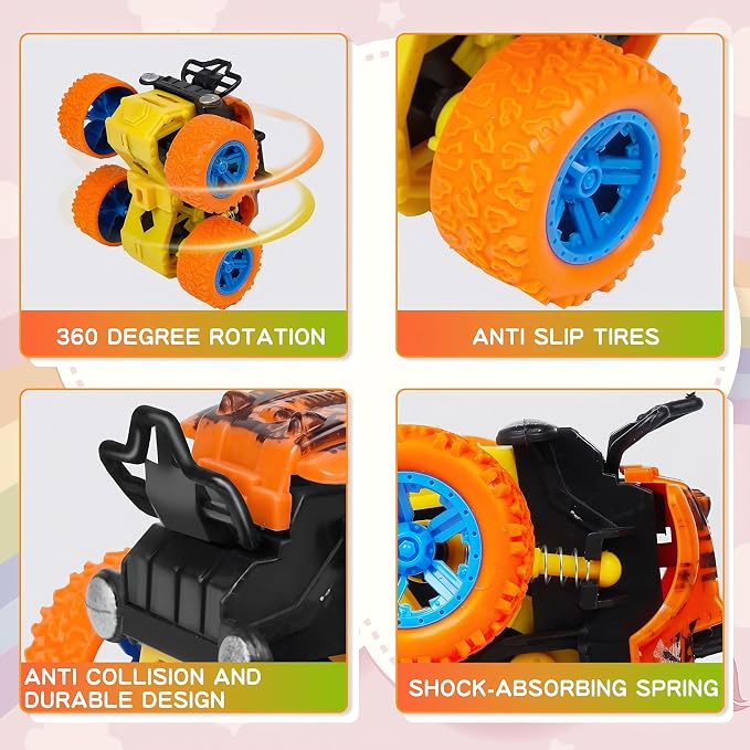 Monster Truck for Boys 3 4 5 6 7 Year Old,4 Pack Push and Go Friction Powered Car Toys, Double-Directions Inertia Pull Back Vehicle Set,Birthday Party Gift for Kids