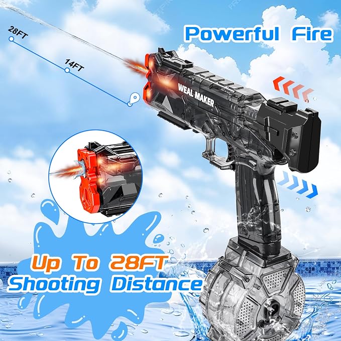 Electric Water Gun with LED Flash & USB-C Charging, Designed for Epic Aquatic Fun, Automatic Squirt Guns 25-30 FT Range, Water Pistol for Summer Outdoor Backyard Water Theme Party Toys