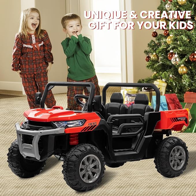 24V 4WD Ride on Truck Car w/4X200W Motor, Dump Bed, Gift Flower, 2 Seaters, Remote Control, 4 Wheeler, LED Light, Music, 24 Volt Ride on Toys for Big Kids Girls 3-8, Red
