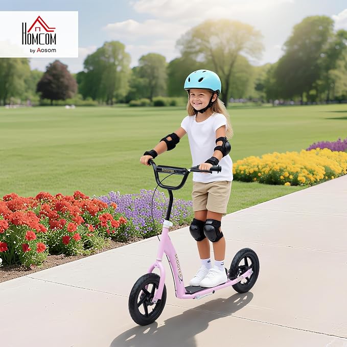 HOMCOM Kick Scooter for Kids 5-12 Years Old, Big Wheel Kids Scooter with Adjustable Height Handlebar, 12" EVA Tyres, Non-Slip Footplate, Rear Brake