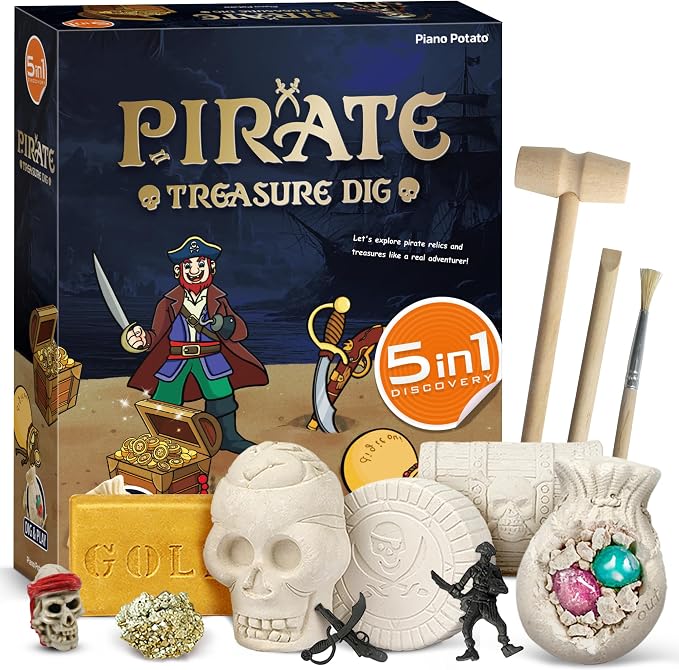 Pirate Treasure Dig Kit - 5-in-1 Skeleton Skull & Gold Brick Excavation Science Kit, Archaeology Stem Educational Toys with Gems, Pirate Statue, Coins, Toy Gift for Kids Boys Girls Age 6+