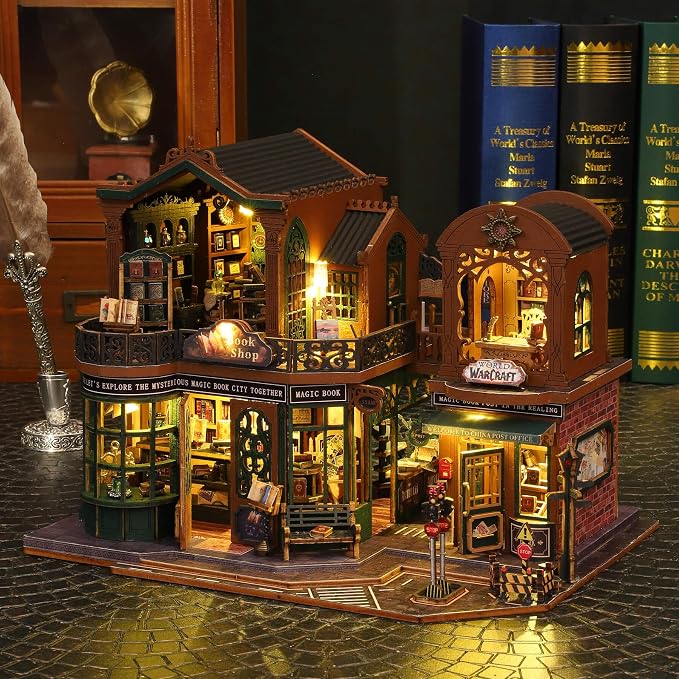fifijoy DIY Dollhouse Miniature House Kit, Tiny House Kits Mini Doll House Model Building Sets, Wooden Miniature Kits for Adults (Magic Book City)