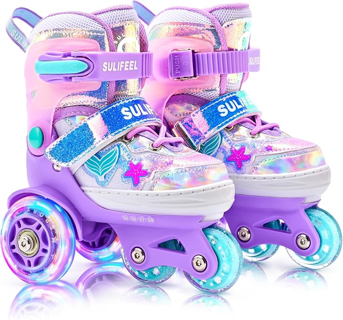 SULIFEEL Adjustable Roller Skates for Girls Boys Kids,Fun Illuminating Light Up Flash Wheels Three-Point Type Balance Suitable for Beginners Indoor Roller Skating