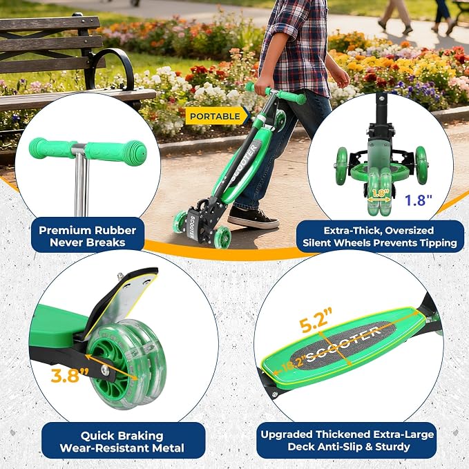 3 Wheel Scooter for Kids Ages 3-12, LED Light-Up Kids Kick Scooter–Portable Foldable, Adjustable Height, Durable Metal Construction, 6" Extra Wide Deck for Outdoor Activities,Child Safety Certified