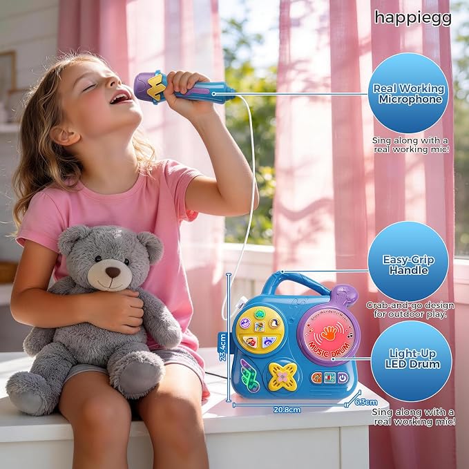 Kids Karaoke Machine with Microphone: Toddler Music Player & Light-Up Drum - Sound Toy with Handle for Boys Girls 3+, Blue
