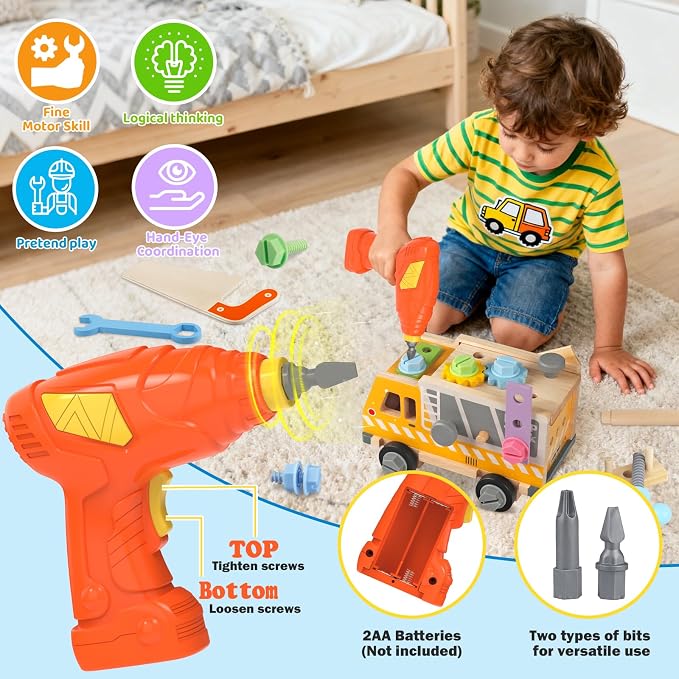 Kids Tool Set - 40 Pcs Wooden Toddler Tool Bench with Toy Drill,Montessori STEM Construction Pretend Play Toys for 3 4 5 Year Old Boys Girls, Toolbox Truck with Storage, Toddler Birthday Gift