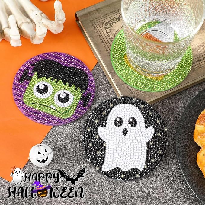 UPINS 8Pcs Halloween Diamond Art Painting Coasters Kits with Holder Diamond Art Non Slip Coaster Kits DIY with Holder Crafts for Adults Diamond Art Painting Kits Supplies
