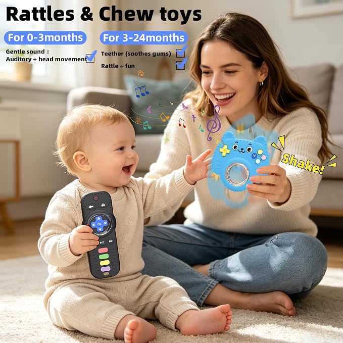 Chuya 2 Pack Baby Toys for Infants 0-24 Months, Remote Control Teether | Silicone Baby Rattles with Sensory Relief, Gift for Boys Girls