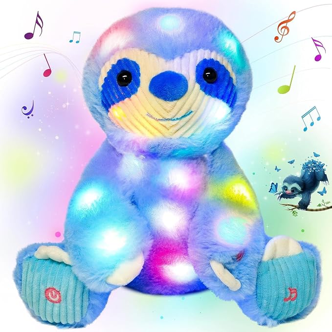 Light-up Singing Plush Blue Sloth LED Musical Stuffed Animal Adjustable Volume Lullaby Plushies Birthday Christmas Toy Gifts for Kids Toddler Girls, 13"