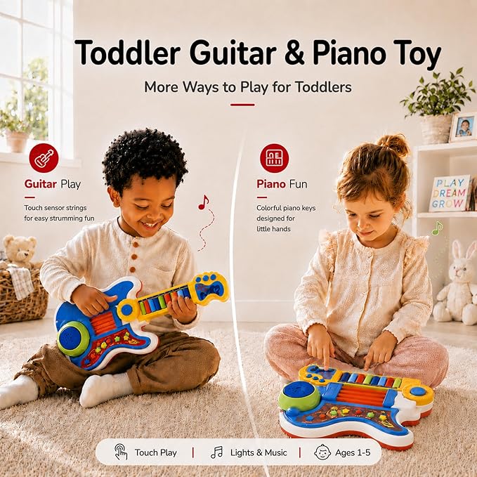 Toddlers Guitar, 4 in 1 Kids Guitar and Piano Guitars for Toddlers 2-4 with Lullaby Projector Toy for Kids Musical Instruments Toys Birthday Gift for a 2 3 4 5 Year Old Boys Girls Gifts