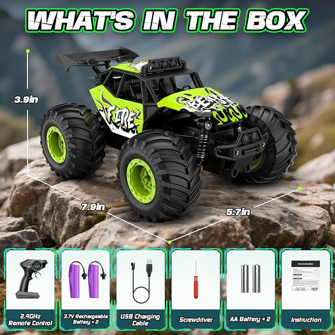 Remote Control Car, All Terrain RC Cars with Speed Switch RC Truck with LED Headlight and Rechargeable Batteries, 20KM/H Monster Truck Toys Gift for Boys 6-8 8-12, Green