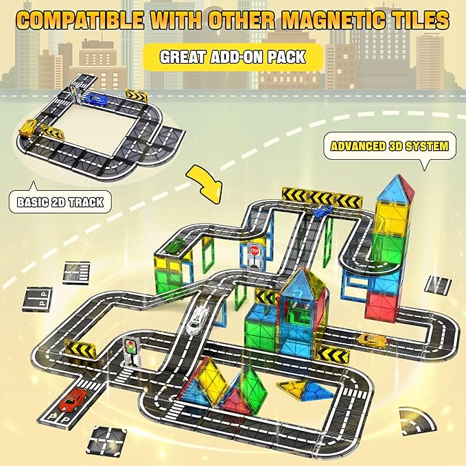 SKTMYY Magnetic Tiles Road Set with Cars & Ramp, STEM Magnetic Tiles for Kids Ages 4-8, Creative Magnet Building Blocks Expansion Pack, Montessori Toys for 4+ Years Old Boys Birthday Gifts