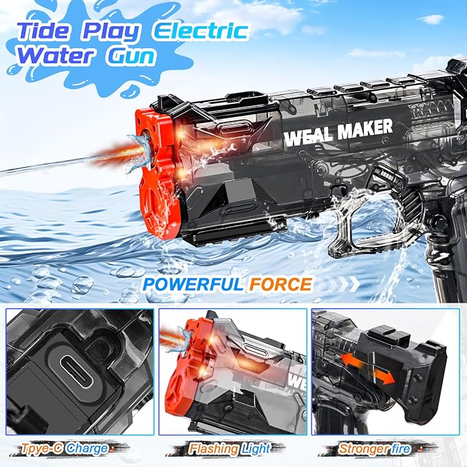 Electric Water Gun with LED Flash & USB-C Charging, Designed for Epic Aquatic Fun, Automatic Squirt Guns 25-30 FT Range, Water Pistol for Summer Outdoor Backyard Water Theme Party Toys