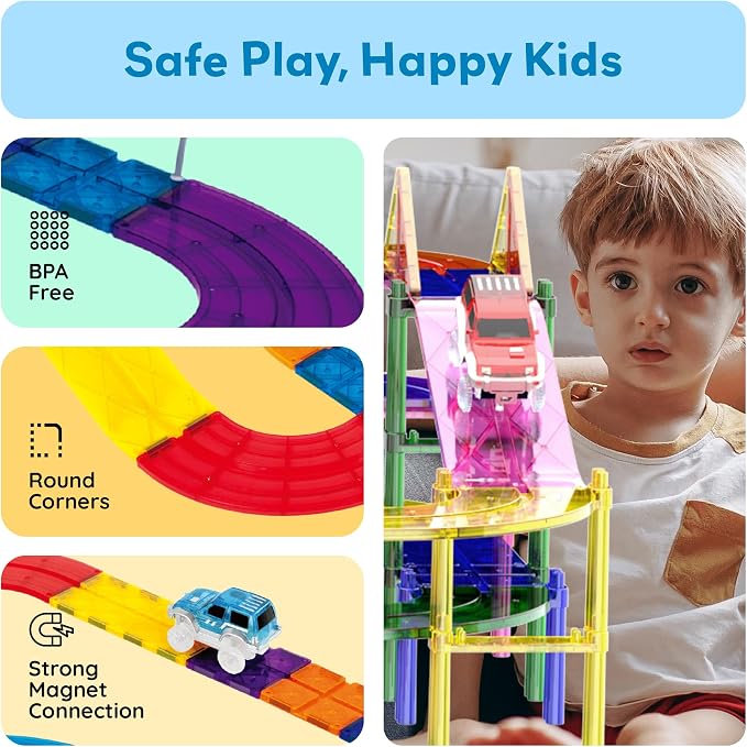 PicassoTiles 100 Pcs Race Track Magnetic Tiles Building Set LED Cars Truck Included with Adjustable Roads and Signs Multicolored STEM Toy Kit Construction Educational for Boys & Girls Ages 3+ PTR100