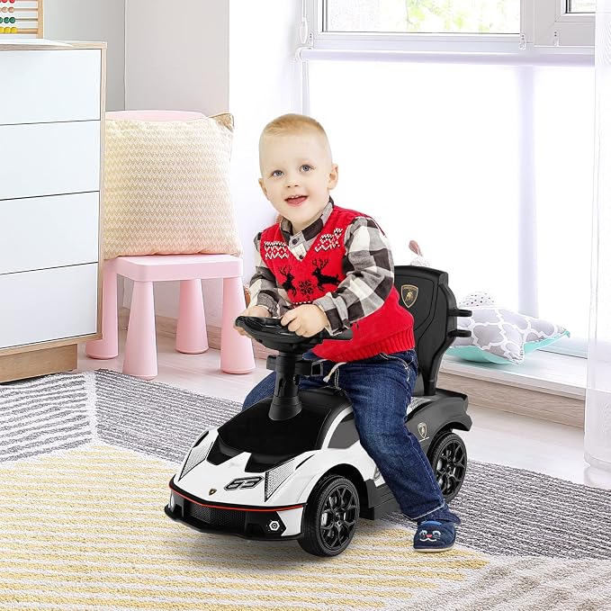 Costzon Push Cars for Toddlers, 3 in 1 Licensed Lamborghini Stroller Sliding Walking Car w/Handle, Armrest Guardrail, Underneath Storage, Horn, Foot-to-Floor Ride On Toy for Boys Girls (White)