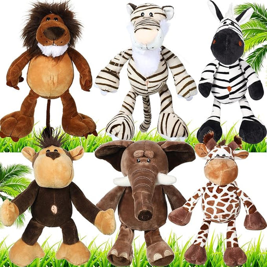 Zhanmai 6 Pieces Safari Stuffed Animals Plush Jungle Toys Set for Boys Girls, Lion Elephant Zebra Giraffe Tiger Monkey for Animal Themed Parties Student Party Decoration(Novel Style)