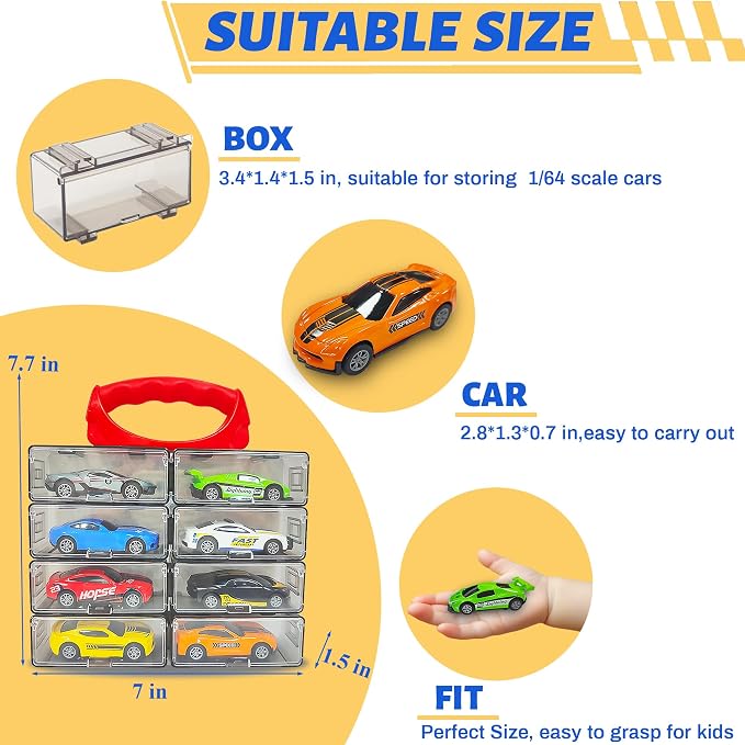 KIDAMI 8 Pack Pull Back Die Cast Metal Toy Cars, 1:64 Scale Sports Race Cars with Detachable Storage Case, Portable Vehicles Carrying Case Set with Handle for Kids Adults Gift