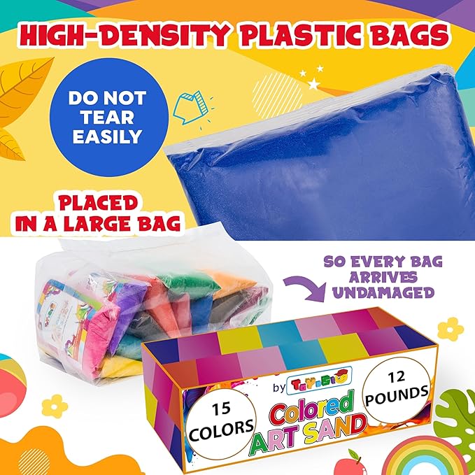 Colored Sand for Sand Art [15 Colors: 12 lbs], Colored Sands Bulk, Delightful Sands Art Fun for Crafts, Parties, Children, Nice Colorful Fun Sandy Crafts for Kids Age 3+, Non-Toxic, 15 Bags