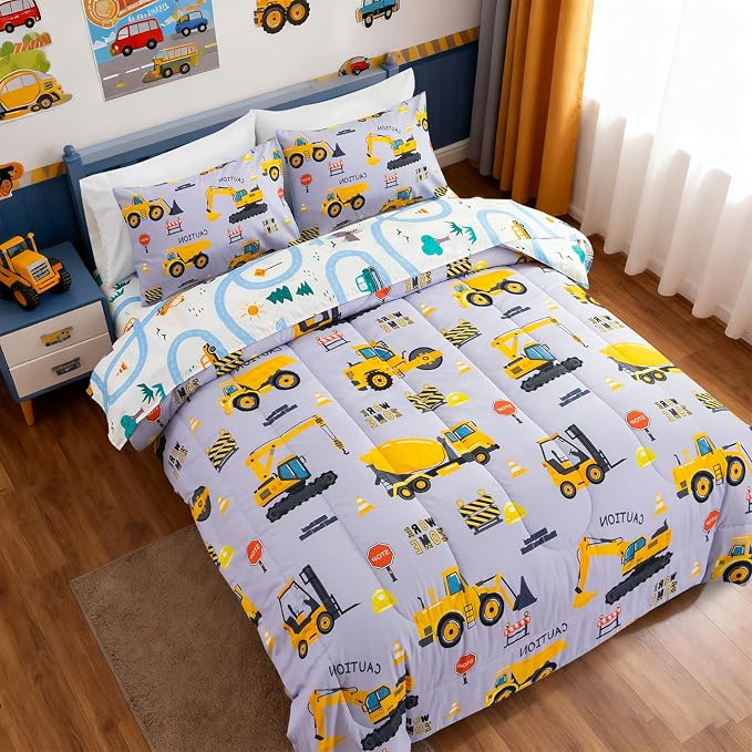 Holawakaka Construction Truck 5-Piece Full Bed-in-A-Bag Set, Boys Comforter & Sheet Set with Excavator & Tractor Print, Kids Bedding Collection, Machine Washable, Gift for Kids