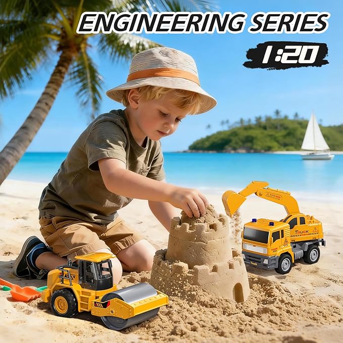 KukuFun 4-Pack Construction Truck Toys for Toddlers Boys 2-4 3-5 Years Old, Sand Toy Trucks Bulk for Sandbox with Excavator, Outdoor Kids Play Truck Vehicle Set for Ages 1 2 3 4 5 Toddlers Gifts