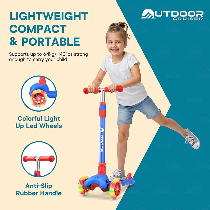 Outdoor Cruiser 3-Wheel Kids Scooter – with Lean-to-Steer Technology, Led Lighted Wheel, 4-Level Adjustable Height T-bar Handle, Support Kids Up to 150 Lbs, for Boys & Girls Ages 3-8, Blue and Red