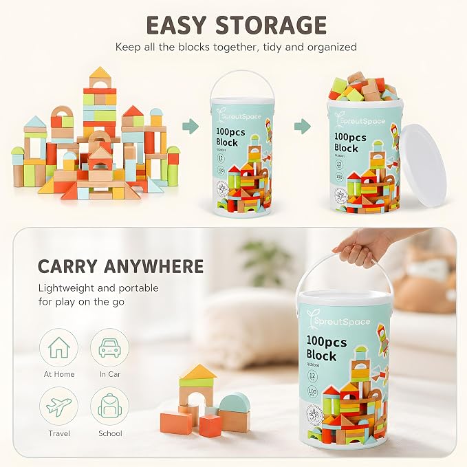 100pcs Building Blocks for Toddlers 1-3, Wooden Blocks for Kids with Storage Bucket and Shape Sorter, Stacking Toys or 1 2 3 Year Old, Learning Toys for Preschool Girls and Boys