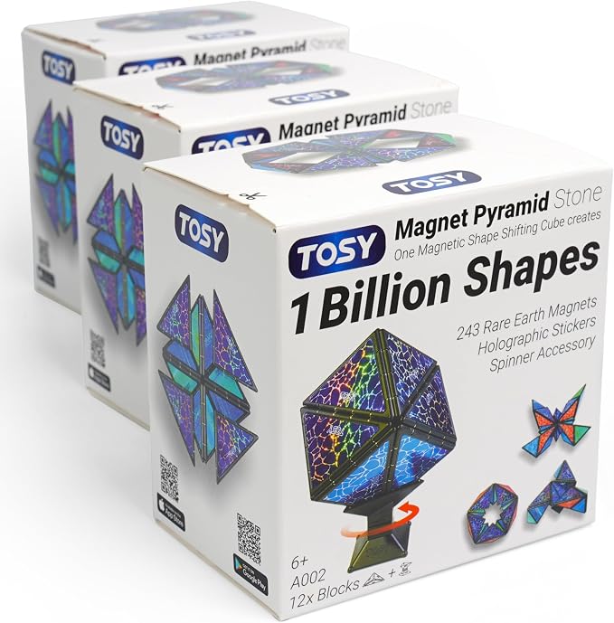 TOSY Magnet Pyramid Stone - 1 Cube Transforms into 1 Billion Shapes (Bunny, Egg, Flowers, Heart), Easter Basket Stuffers Gift, 12 pcs, 243 Magnets, Holographic Design, Puzzle/STEM Toy, 3-Pack