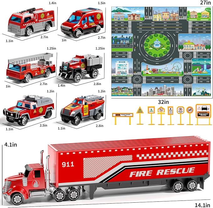 NIPLOOOW Fire Toys for 3 4 5 6 Years Old Boys Girls Kids, Die Cast Metal Fire Truck Toys W/Play Mat, Rescue Emergency Fire Truck Car Toy, Toddler Car Toy Christmas Birthday Gifts for Boys