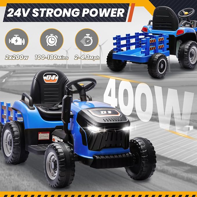 JOYRACER 24V Ride On Toys for Kids, Electric Ride on Tractor w/400W Motors, Tiltable & Detachable Trailer, Adjustable Seat, Bluetooth, Music, Remote Control Tractor Toys for Boys, Sapphire