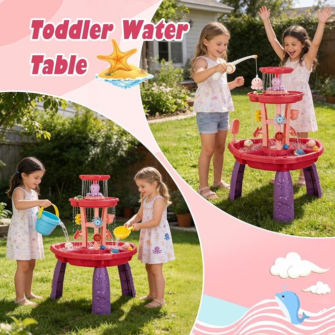 VROGTIK Water Table for Toddlers with Fishing Game Set 3-Tier Kids Sand Water Table Sensory Outdoor Toys for Kids Ages 4-8 Summer Beach Outside Backyard Toys for Girls& Boys Age 3 4 5 6 7 8 9