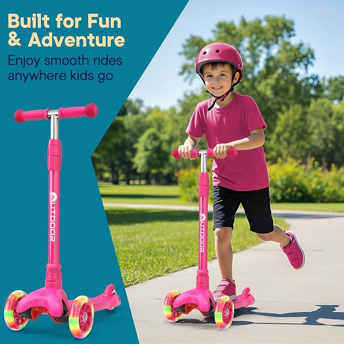 Outdoor Cruiser 3-Wheel Kids Scooter – with Lean-to-Steer Technology, Wide Deck, Led Lighted Wheel, 4-Level Adjustable Height T-bar Handle, Support Kids Up to 150 Lbs, for Boys & Girls Ages 3-8, Pink