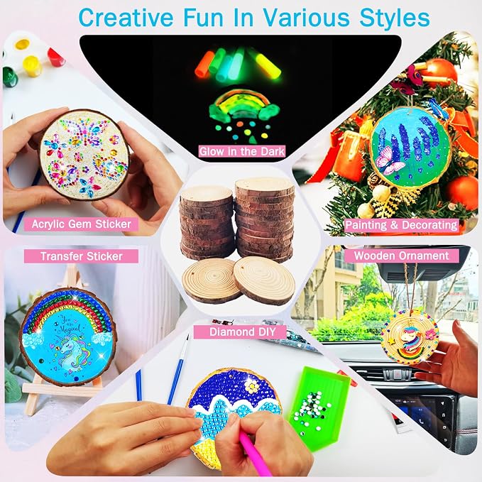 KIRKOTOY Wooden Crafts Kit for Kids-Glow in The Dark-Arts & Crafts Gifts for Boys Girls Age 6-12, 24 Wood Slices with Painting Craft Activities Kits, Creative Art Toys for 6 7 8 9 10 11 12 Year Old