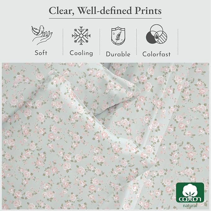 California Design Den Vintage Rose Sheet Set, Full Size Bed Sheets Set, 100% Cotton, Deep Pocket Full Sheets & Pillowcase Set, Soft Sateen Weave - Vintage Rose