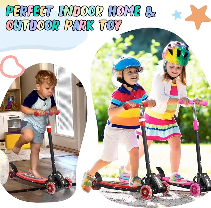 3 Wheel Kids Kick Scooter for Ages 3-12, Lean-to-Steer, Light-Up Wheels, 3-Level Adjustable Handlebar 27.5”-33”, Wide Non-Slip Deck, Dual Rear Brake,Travel Foldable, for Boys & Girls Toy Gifts