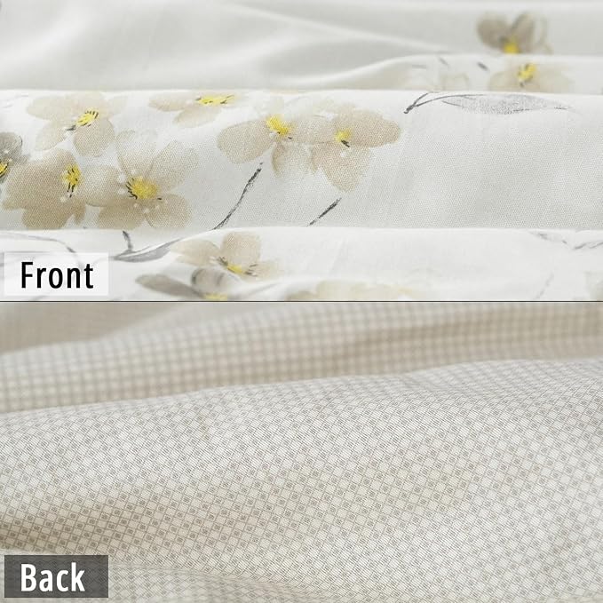 LEMIROE Floral Cotton Comforter Queen Size - Cream Comforter with Luxurious Grey Branches & Subtle Beige Blossoms,Reversible Lightweight Bedding Sets 3Pcs(90"×90")