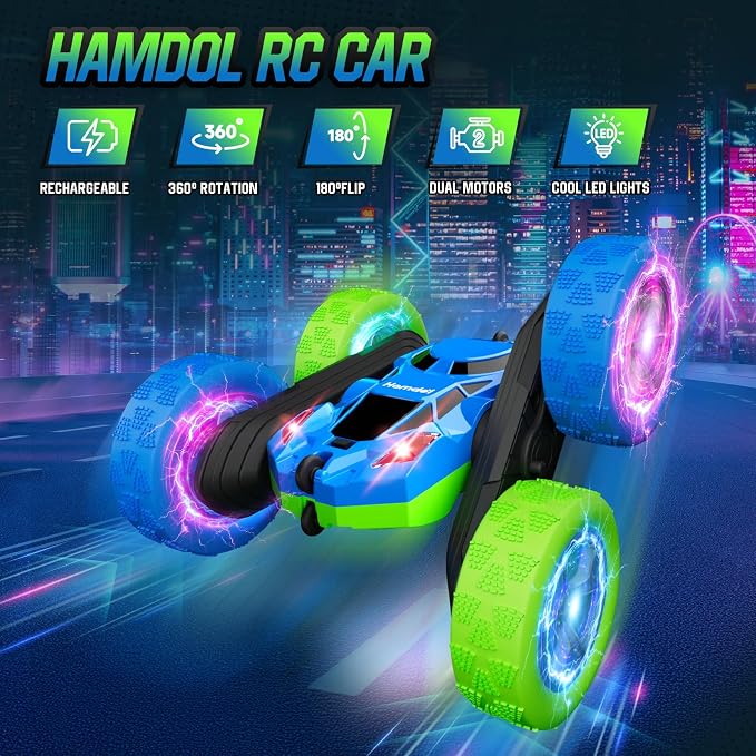 Hamdol RC Cars Toys for Kids Ages 6-12, 360° Spinning Double-Sided Remote Control Car with LED Lights, 4WD Rechargeable Toy for Boys Age 8-10, Perfect Birthday Holiday Valentines Easter Gift
