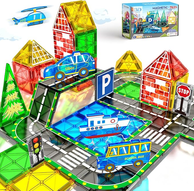 Magnetic Tiles City Road Set Kids Toys for 3 Year Old Boys Girls Magnetic Building Blocks with Cars Toys Construction Educational Magnets Tiles Gifts for Kids Toddlers Age 3-5 4-8 6 Christmas Birthday