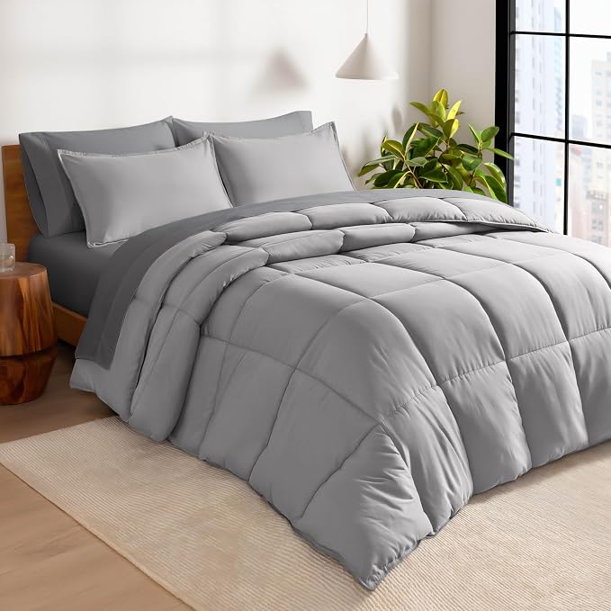Bare Home Bed-in-A-Bag 7 Piece Comforter & Sheet Set - Full - Goose Down Alternative - Ultra-Soft 1800 Premium Bedding Set (Full, Light Grey/Grey)