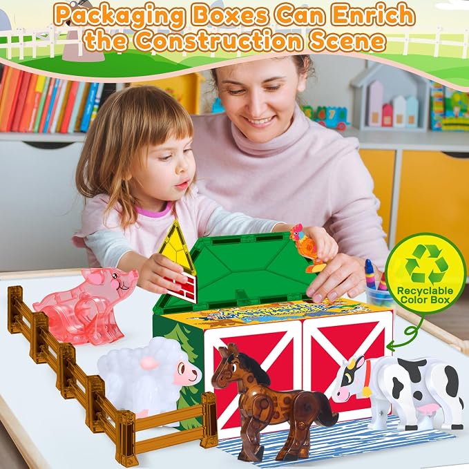 Oriate Magnetic Tiles 3D Animal Farm Toys, 5pcs Farm Animals for Kids, Movable Joints Animal Toys Suitable for Kids Magnetic Blocks Building Magnet Tiles, STEM Educational Construction