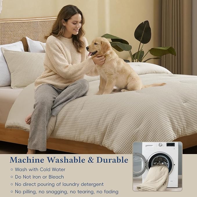 David's Home Waffle Weave Comforter Set 3PCS King Size, Soft Breathable Lightweight Cozy Skin-Friendly Warm for All Season, Elegant Aesthetic Home Decor Bedding Set with Pillow Shams, Linen