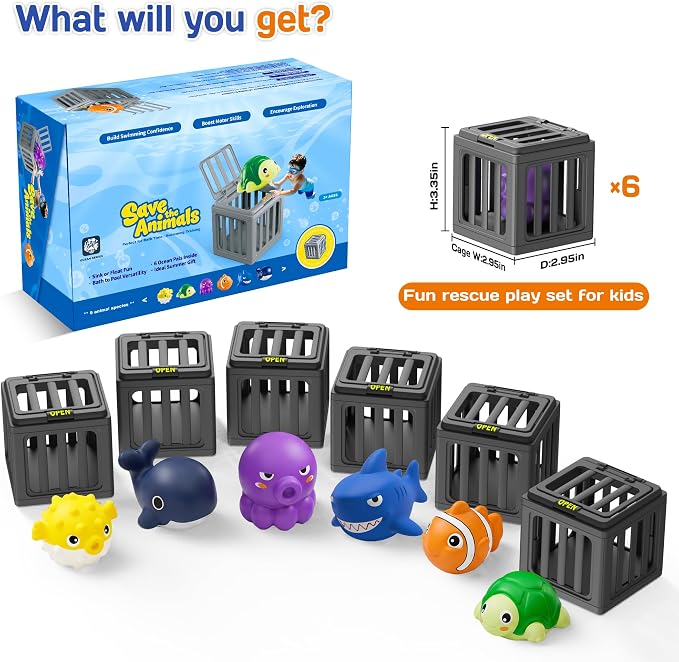 Pool Summer Diving Toys for Kids, Underwater Swim Game Set with 6 Floating Sea Animals & 6 Dive Cages, Summer Water Swimming Pool Toys, Bath, Beach, Fun Birthday Gift for kids(6 Sea Animals )