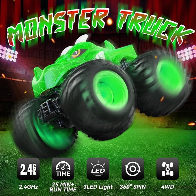 AUUGUU Remote Control Car, 2.4GHz Monster Trucks Toys with Light Spray, Birthday Gift for Kids 3 4 5 6 7 8, All Terrain RC Cars, Toddler Toys for Boys Girls 3+ Year Old (Dinosaur-Green)