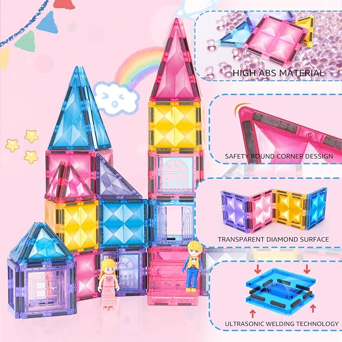 BENOKER Pink Castle Magnetic Tiles for Kids Ages 3-8, 3D STEM Toys with Sparkling Building Blocks, Creative Educational Gift for Boys and Girls, Preschool Learning Toys for Birthday