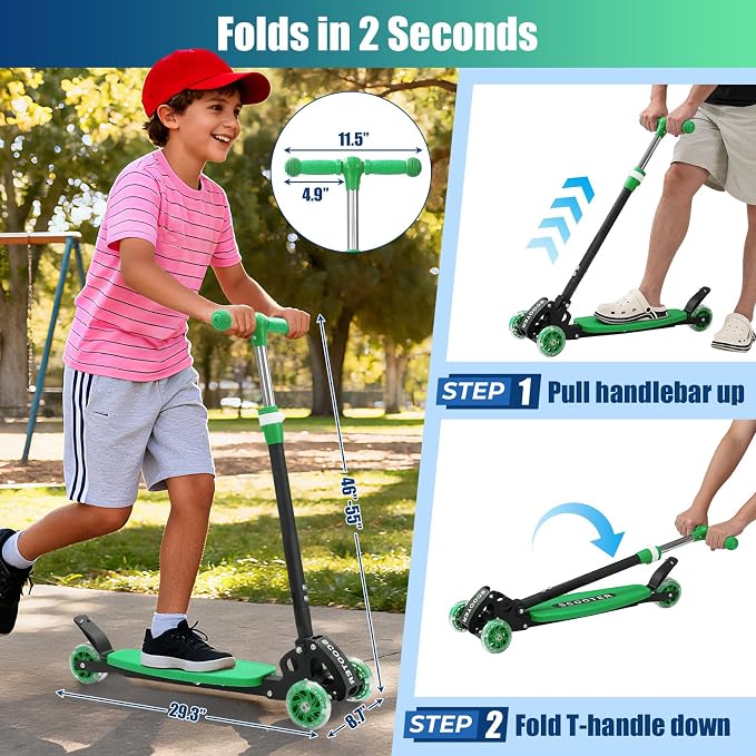 3 Wheel Scooter for Kids Ages 3-12, LED Light-Up Kids Kick Scooter–Portable Foldable, Adjustable Height, Durable Metal Construction, 6" Extra Wide Deck for Outdoor Activities,Child Safety Certified
