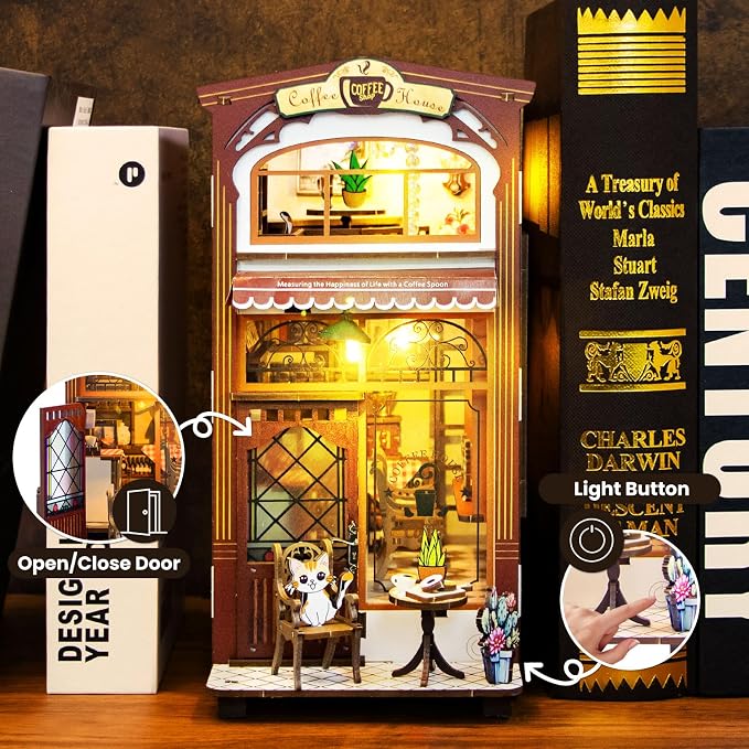 DIY Book Nook Kit - Dollhouses Café with LED - Miniature 3D Wooden Puzzle House Kit - Educational Toys forAdults and 14+ Teens Building